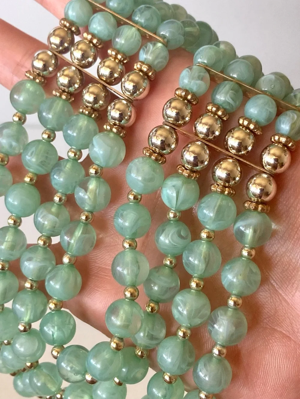 Multi-Strand Green Beaded preloved Necklace with Gold and silver tone Accents